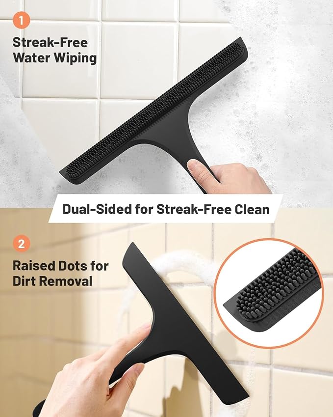 2-in-1 Silicone Shower Squeegee with Hook,Dual-Sided Design with Scraper & Scrub Surface,Streak-Free Bathroom Squeegee for Glass Doors,Mirrors,Windows,Car Windshields (Black Squeegee+Hook+Dispenser)