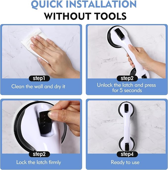 Reyiu Grab Bars for Shower, 12 Inch Shower Handle for Seniors, 2 Pack | Strong Suction Cup, for Elderly, Handicap, Bathroom Wall, No Drill, Waterproof, Anti-Slip, Removable