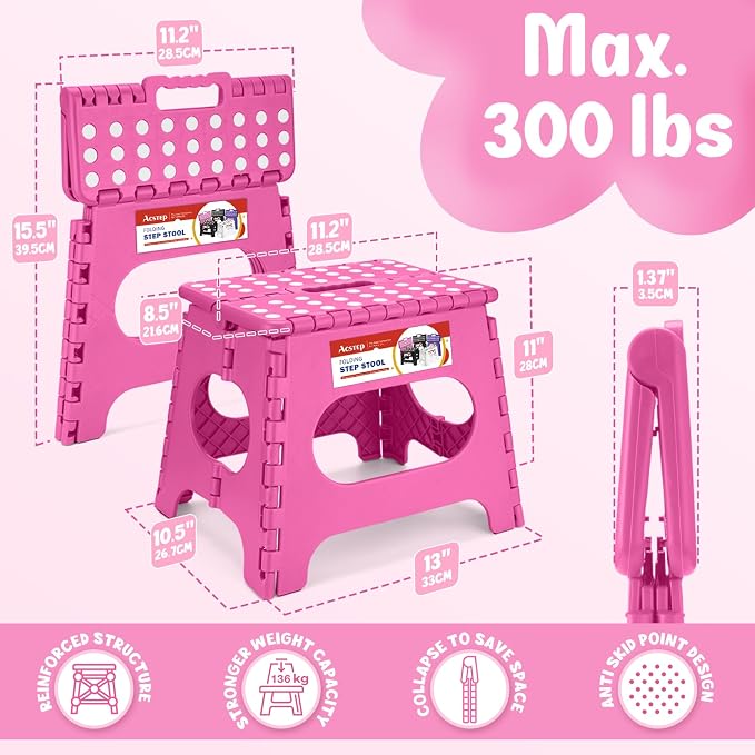 11" Folding Step Stool for Kids and Adults, Holds 300 lb, Rose red | Heavy Duty Collapsible Foot Stool, Lightweight with Built-in Handle, Non-Slip for Adults Kitchen Bathroom Bedroom Outdoor