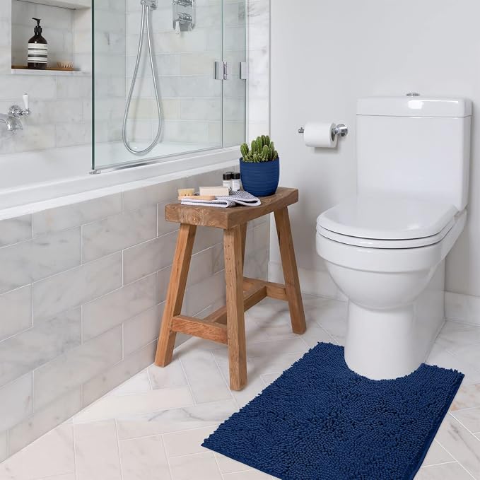 LuxUrux Blue Bath Mat - U-Shaped Contoured Rug for Around Toilet, Super Absorbent Shaggy Bath Rug. Easy Machine Wash & Dry (20" x 23", Blue)