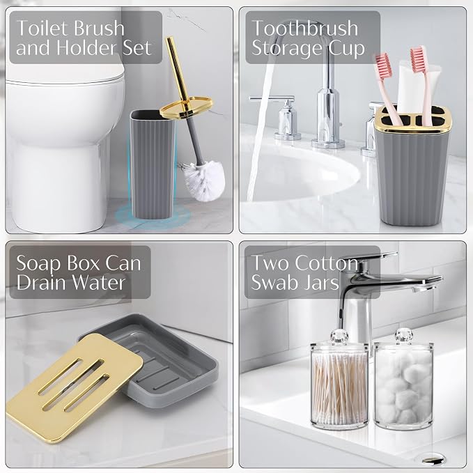 17PCS Bathroom Accessories Set, Gray Bathroom Set Bathroom Accessories Set with Trash Can, Toilet Brush, Toothbrush Holder, Qtip Holder & 3PCS Soap Dispenser