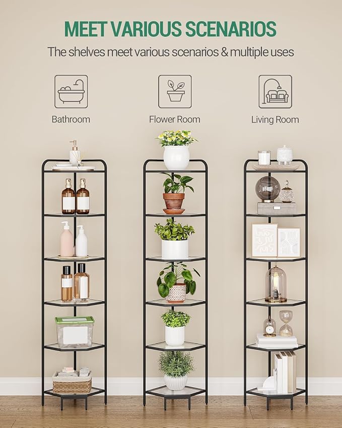 Hzuaneri Corner Shelf Stand, 6-Tier Glass Bookshelf Bookcase, Plant Stand | Bathroom Organizer Steel Frame, Tempered Glass, Modern Style for Living Room, Bathroom, Kitchen, Black CS90600B