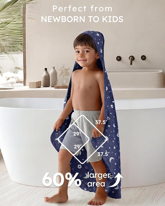 Yoofoss Hooded Baby Towels for Newborn 2 Pack 100% Muslin Organic Cotton Baby Bath Towel with Hood for Babies, Infant, Toddler and Kids, 32x32Inch, Soft and Absorbent Newborn Essential, Blue Clouds