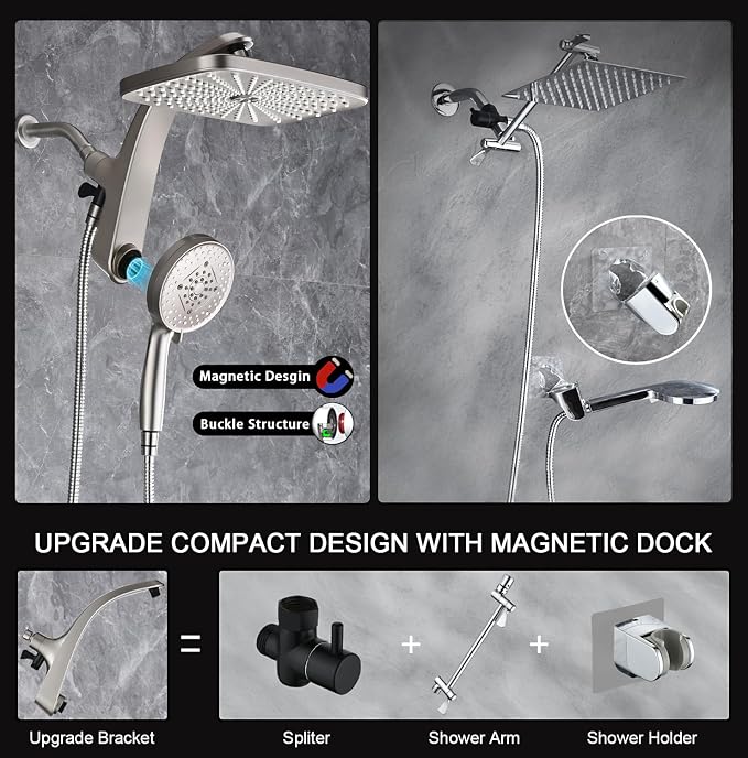 12" High Pressue Rain Shower Head with Handheld, 9 Sprays Hand Showerhead | Shower Heads with Handheld Spray Combo, Dual Head, Built-in Magnetic Docking, Power Jets, 59" Shower Hose, Nickel 1.8GPM