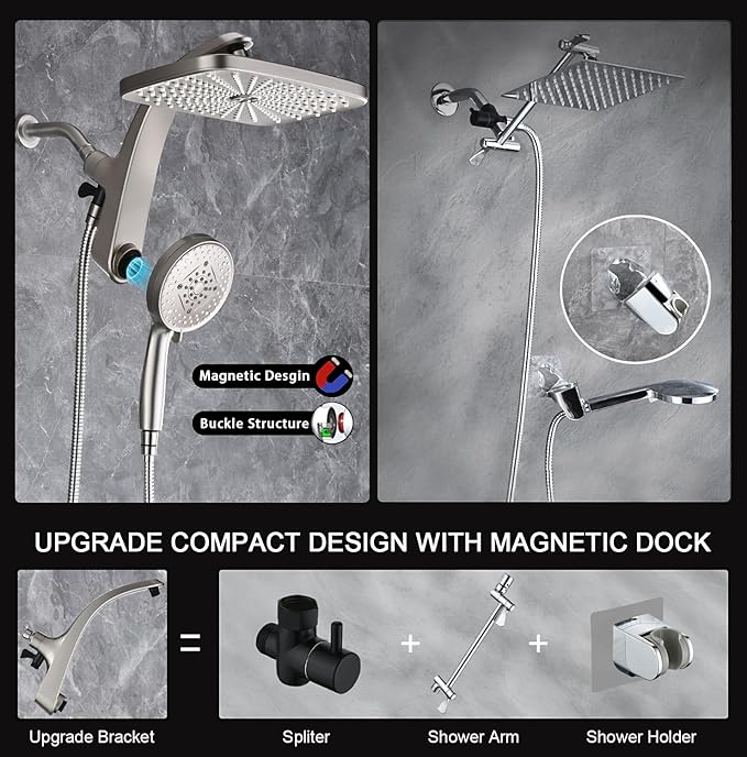 12" High Pressue Rain Shower Head with Handheld, 9 Sprays Hand Showerhead | Shower Heads with Handheld Spray Combo, Dual Head, Built-in Magnetic Docking, Power Jets, 59" Shower Hose, Nickel 1.75GPM