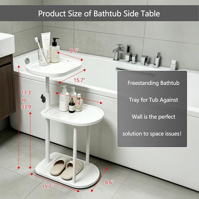 3 Layer Bathtub Tray Table,Bamboo Swivel Bathtub Side Table Height Adjustable,Freestanding Bathtub Tray for Tub Against Wall,Bathtub Accessories&Bathroom Organizer for Luxury Home Spa (White)