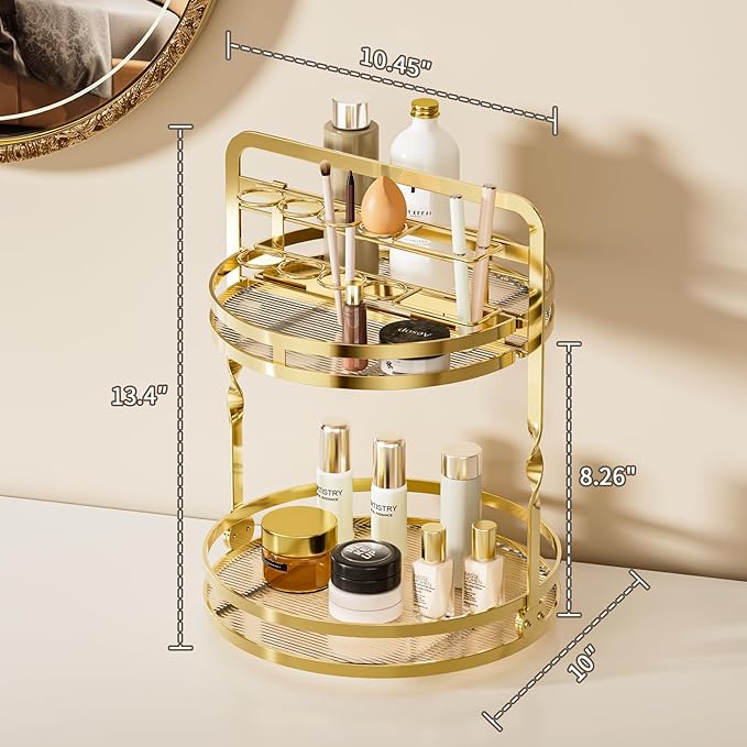 360 Rotating Makeup Organizer,Perfume Organizer, Bathroom Counter Organizer | 2-Tier Large Capacity Gold Vanity Organizer for Dresser,Perfume Shelf with Makeup Brush Holder Stores Skincare and Cosmetics