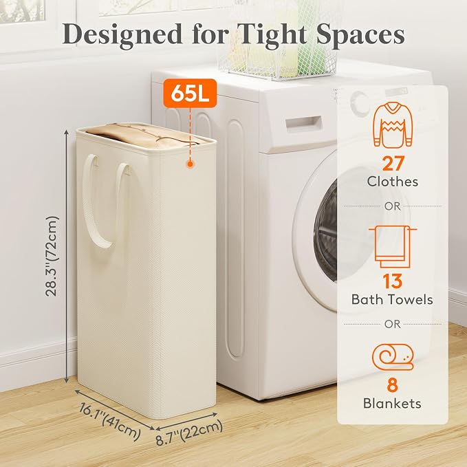 Lifewit Slim Collapsible Laundry Basket with Handles, 65L, Ivory | Narrow Laundry Hamper for Dirty Clothes, Tall Thin Laundry Bin, Small Clothes Hamper for Bathroom, Bedroom, RV, Dorm