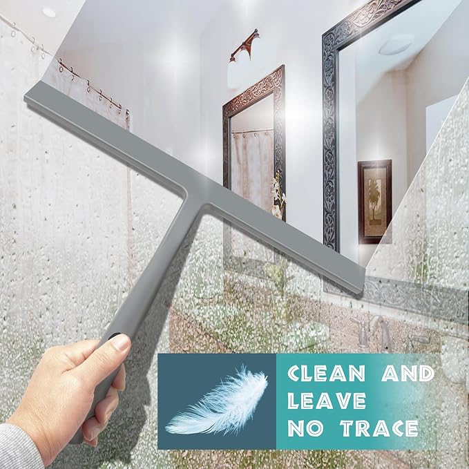 14 Inch Silicone Shower Squeegee for Glass Doors with Hook - Streak-Free Window Cleaner for Bathroom, Mirror, Tile & Car, No Scratch Squeegee with Metal Core (Gray