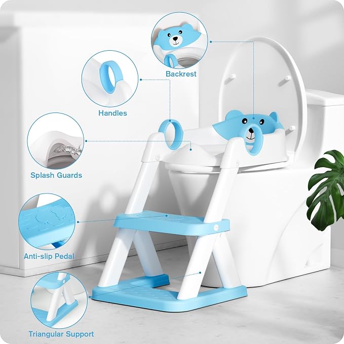 Potty Training Seat, Upgrade Toddler Toilet Seat for Kids Boys Girls, 2 in 1 Potty Training Toilet, Splash Guard Anti-Slip Pad Step Stool(Bright Blue)