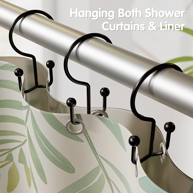 OEH 24 Pcs Shower Curtain Hooks, Metal Shower Curtain Rings, Black Shower Curtain Hooks Rust Proof, Double Shower Rings for Curtain, Easy Install Anti-Drop Shower Hooks for Shower Curtain, Black