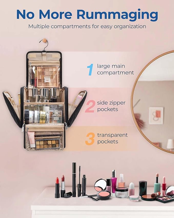 BAGSMART Makeup Bag for Women with Hanging Hook, Large Portable Capacity Water-resistant Organizer Travel Case for Toiletries and Cosmetics, Brown