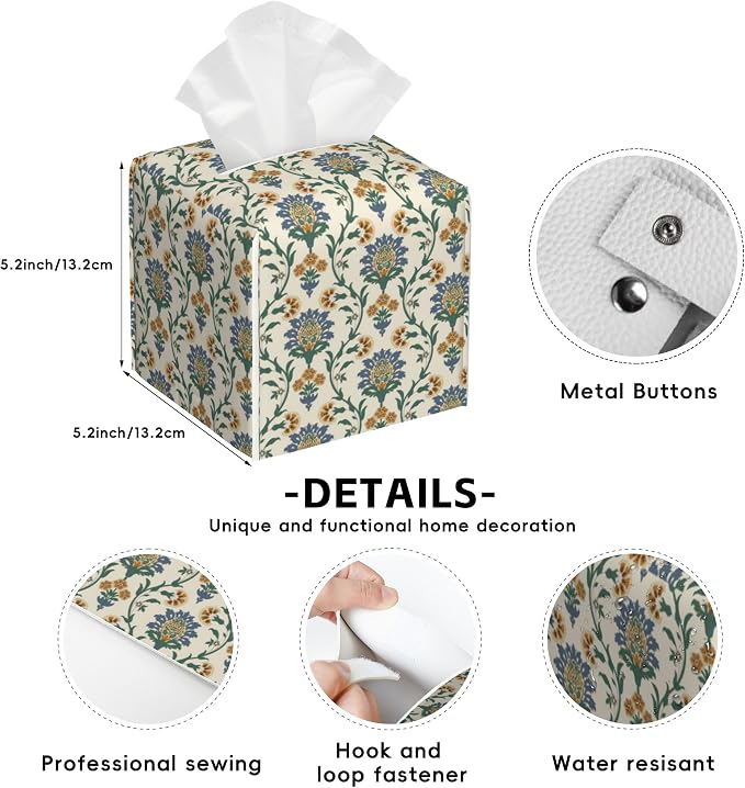 Turkish Motifs Tissue Box Cover Square,Tissue Box Holder with Belt Bottom,Stylish Leather Napkin Holder for Vanity Countertop,Nightstands,Office Desk,5.2"×5.2"×5.2"