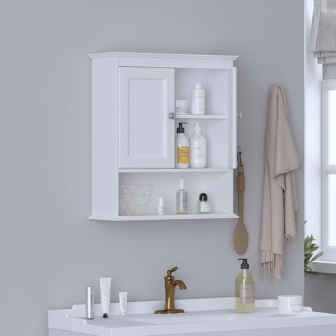 Spirich Bathroom Wall Cabinet with Beadboard Doors, White Medicine Cabinet | Adjustable Shelf, Open & Concealed Storage, Space-Saving Over-Toilet Design for Toiletries, Towels, Medicines & Decor