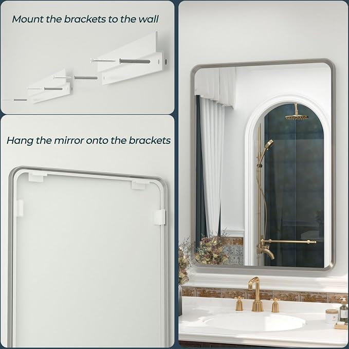OKPAL 30 x 36 Brushed Nickel Bathroom Mirrors for Over Sink, Rounded Rectangle Bathroom Vanity Mirror, Brushed Silver Framed Farmhouse Mirror, HD Tempered Glass Wall Mirror(Horizontal/Vertical)