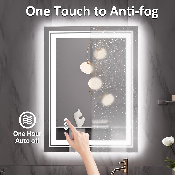 Snowdool 28 x 20 in LED Bathroom Mirror, Front and Backlit, Anti-Fog | Front and Backlit, Stepless Dimming, Anti-Fog, Memory Function