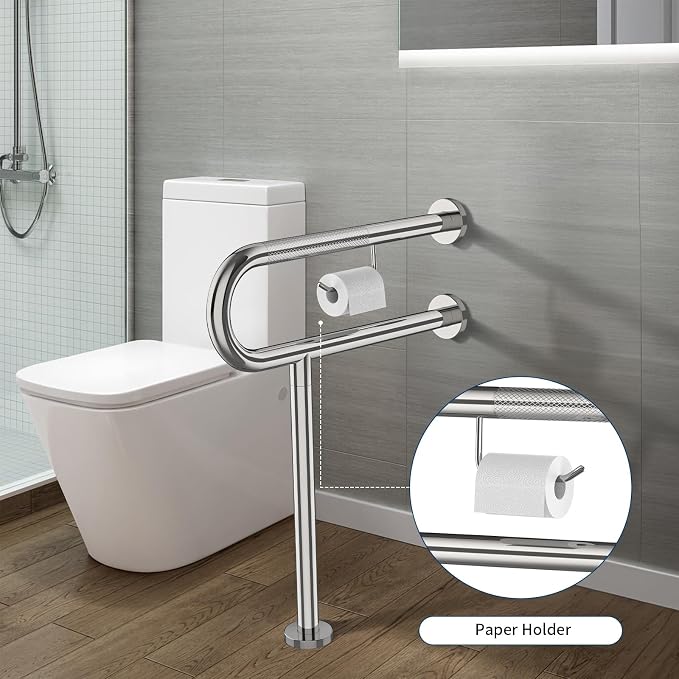 ZUEXT 24x28 Inch Chrome Knurled Toilet Grab Bar with Toilet Paper Holder | Wall to Floor, Anti-slip Handicap Grab Bar, Stainless Steel Bathroom Support Rail with Leg, For Elderly Disabled Pregnant