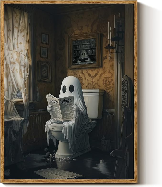 InSimSea Framed Canvas Prints Art Vintage Decor, Ghost on Toilet Bathroom Painting, Rustic Dark Academia Wall Art, Halloween Living Room Witchy Room Wall Cottagecore Decor, 12x16inch