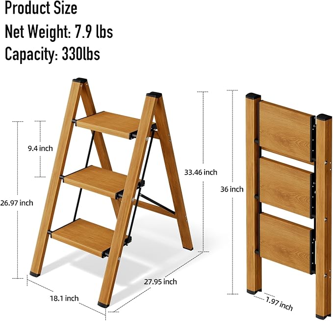 Mayi Plus 3 Step Stool Foldable, Aluminum, Lightweight Step Ladder | Extra-wide anti-slip folding steps with 330 lbs, for home,kitchen,office,outdoor,Woodgrain