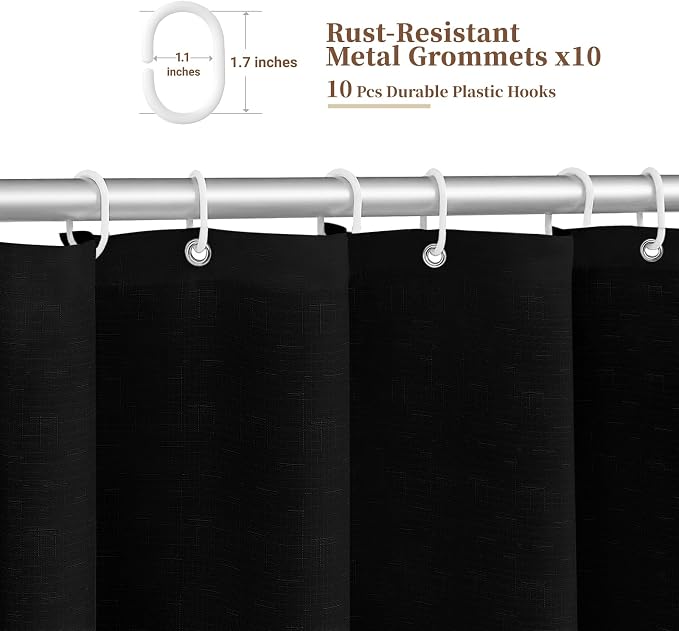 54x78 Boho Scalloped Linen Textured Cloth Shower Curtain Set, Black | Narrow Long Size, 230GSM Waterproof Polyester, Heavy Duty Fabric, 10 Plastic Hooks, Elegant Farmhouse Style, Machine Washable