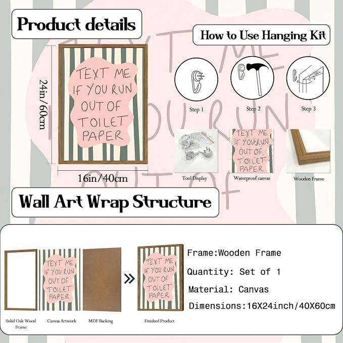 Funny Bathroom Quote Sign Wall Art Text Me If You Run Out of Toilet Paper Bathroom Wall Decor Cute Stripe Quotations Restroom Poster Canvas Print Picture 16x24 inch Wood Framed
