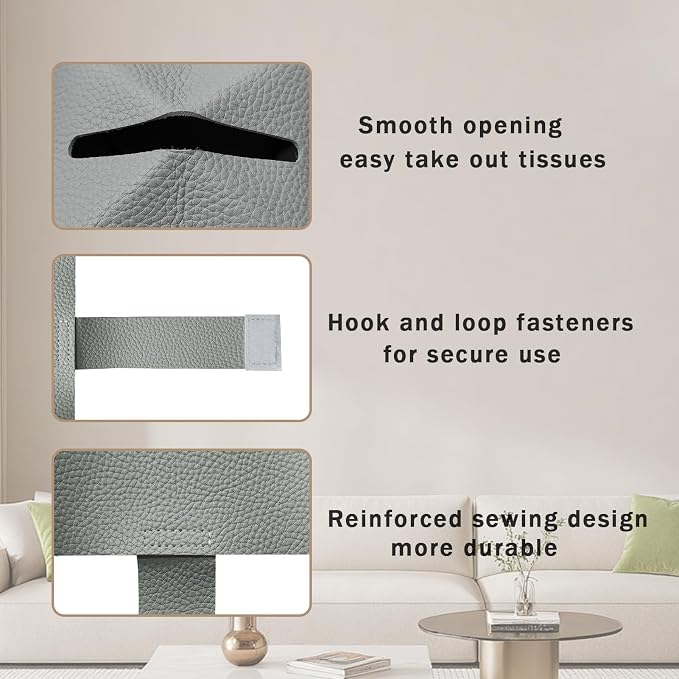 1PC Square Tissue Box Cover, PU Leather Square Tissue Box Holder with Bottom Belt Modern Tissue Box Organizer for Bathroom/Car/Hotel/Office (5.25”x5.25”x5”, Grey)