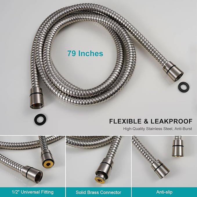 GwernKB Brushed Nickel Shower Heads Handheld with On Off Switch,8-Mode High Pressure Shower Wand with 79In Stainless Steel Hose&Bracket PLUS Low-Reach Adhesive Wall Mount Holder for Kids&Elderly