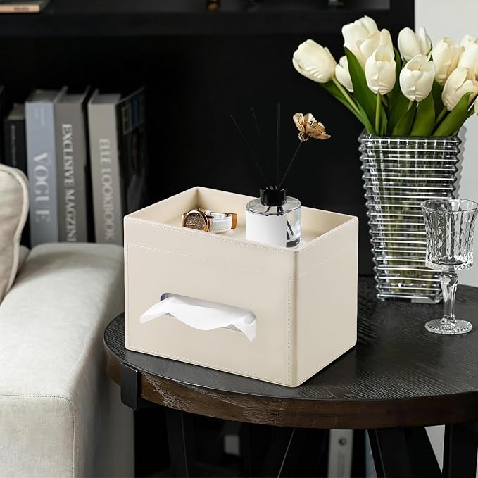 Plus Size Tissue Box Cover, Rectangle Tissue Box Organizer, Beige | Fit 180/230 Count Tissue Boxes, Storage Tray, PU Leather Large Tissue Box Cover, Rectangular Tissue Box Holder for Bathroom