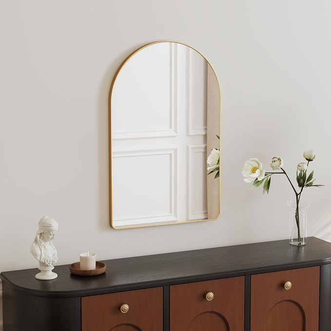 Arched Bathroom Mirror 15"x23", Gold, Tempered Glass | arch bathroom mirror gold wall mounted vanity tempered glass metal frame bedroom entryway living room