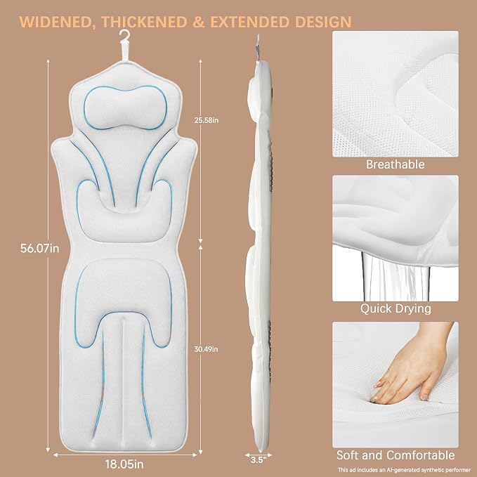 Full Body Bath Pillow for Bathtub Thickened 5D Air Mesh 144 Suction Cups | Bath Pillow Luxury Bathtub Pillow 3.7'' Thick Head, Neck and Back Support Bath Tub Pillow Large 56 x 18 Inch Size