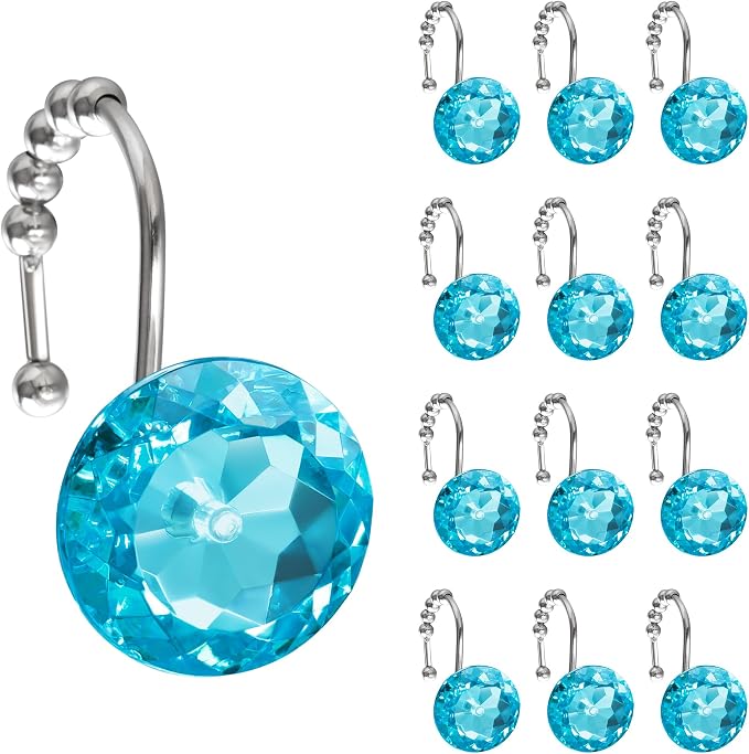 Sunlit Luxury Design Round Aqua Blue Diamond Crystal Gem Bling with Glide Balls Shower Curtain Hooks, Rust Proof Metal Rhinestones Glam Shower Curtain Rings-12 Pack