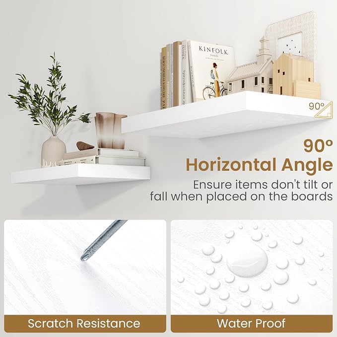 Fun Memories 48 Inch Floating Shelves in White, 9.3 Inch Deep Wall Shelves for Bathroom, Living Room, Bedroom, Kitchen, Deep Long Shelf Wall Mounted 1 Pack Shelf for Books, Decor