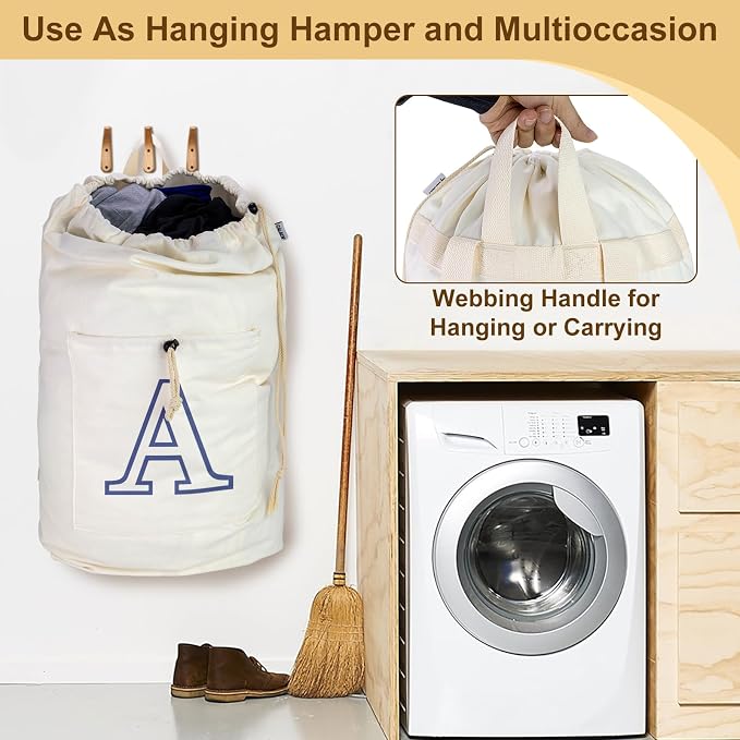 Laundry Bag Backpack Personalized Initial Design Canvas Laundry Bag with Straps & Drawstring Closure Dirty Cloth Hamper Bag for College, Travel, Laundromat, Camping (Letter A)