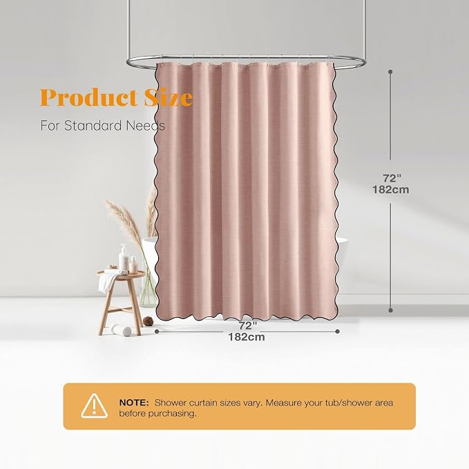 Blush Pink Boho Scalloped Linen Textured Cloth Shower Curtain, 72x72 | 230GSM Waterproof Polyester, Heavy Duty Fabric, 12 Plastic Hooks, Modern Farmhouse Style, Machine Washable, Bathroom Decor