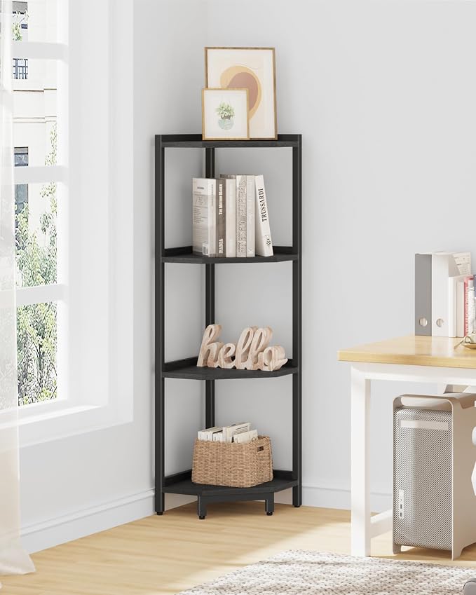 Hzuaneri Corner Shelf Stand 4-Tier Corner Bookshelf Storage Standing Shelf | Bookcase Plant Stand with Metal Frame for Living Room, Home Office, Bedroom, Black CS05806B