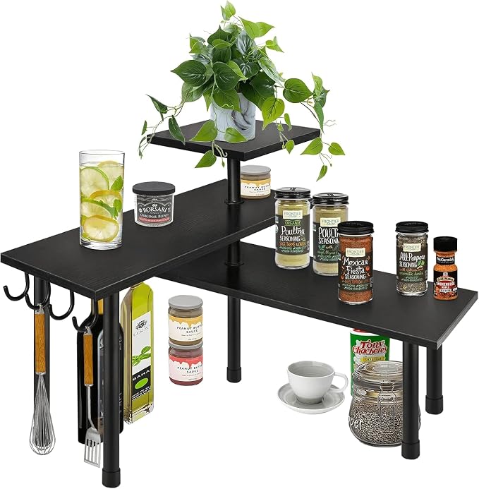 Bathroom Counter Organizer Corner Shelf, Kitchen Countertop Organizer, 3 Tier Wood Counter Shelf Stand for Over The Sink, Coffee Station, Desktop, Black