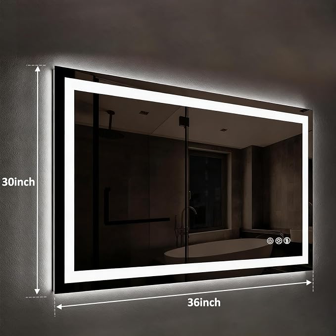 ROOMTEC 36"x30" LED Bathroom Mirror with Lights, Backlit+Frontlit | Anti-Fog, Dimmable, Memory Function, Bathroom Vanity Mirror for Wall, Shatterproof Tempered Glass (Horizontal/Vertical)