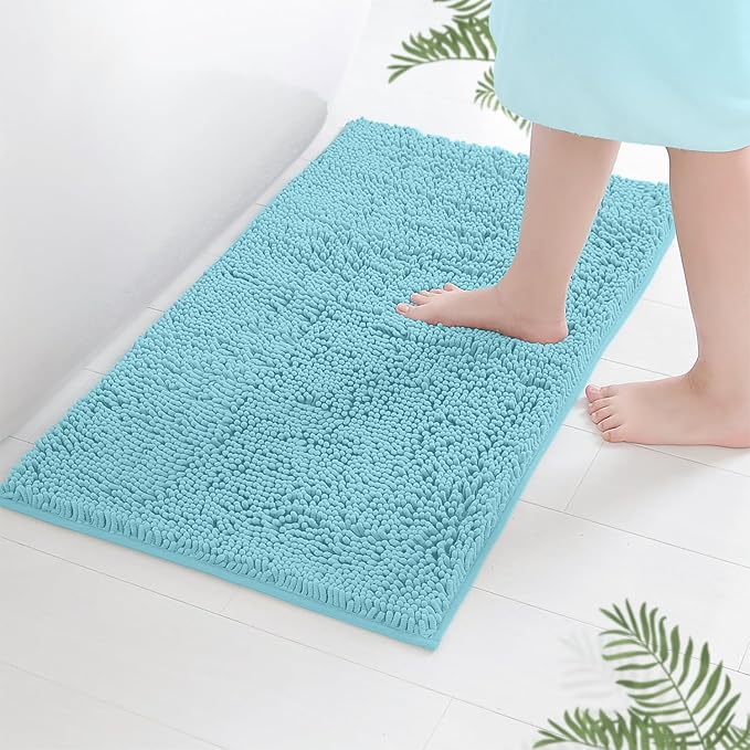 LuxUrux Bath Mat, Extra-Soft Plush Non-Slip Bathroom Rug, Luxury Chenille Microfiber Material, Super Absorbent Shaggy Bath Rug. Machine Wash & Dry (17 x 24 inches, Spa Blue)