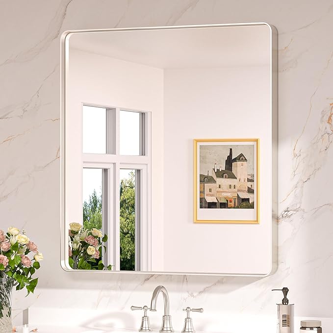 Keonjinn 32 x 36 Inch Brushed Nickel Bathroom Mirrors for Over Sink | HD Tempered Glass, Silver Vanity Mirror, Rust-Resistant Aluminum Frame, Rounded Rectangle, French Cleat Mount, Home Décor