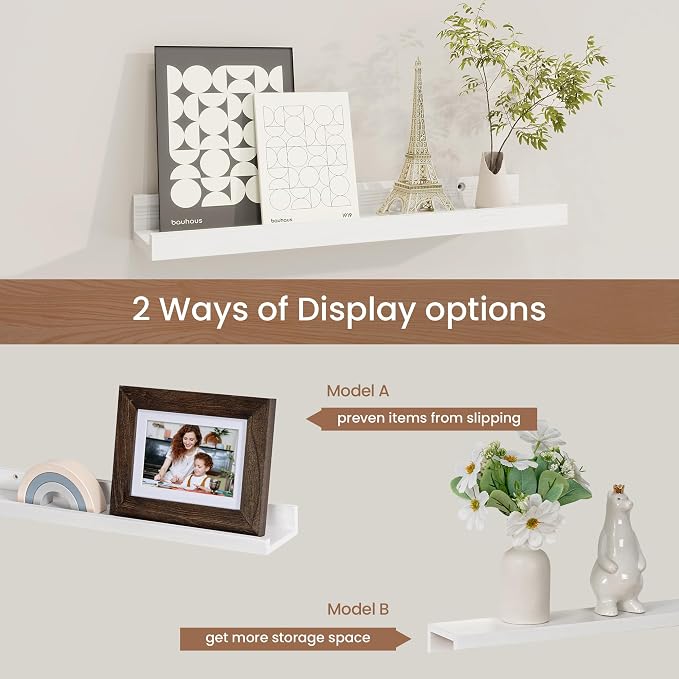 Fun Memories Picture Ledge Shelf, Solid Pine Wood Floating Shelves Set of 4, 16 Inches Nursery Book Shelves for Toys Storage, Kids Bookshelf Wall Mounted for Living Room Decor Photo Frames, White