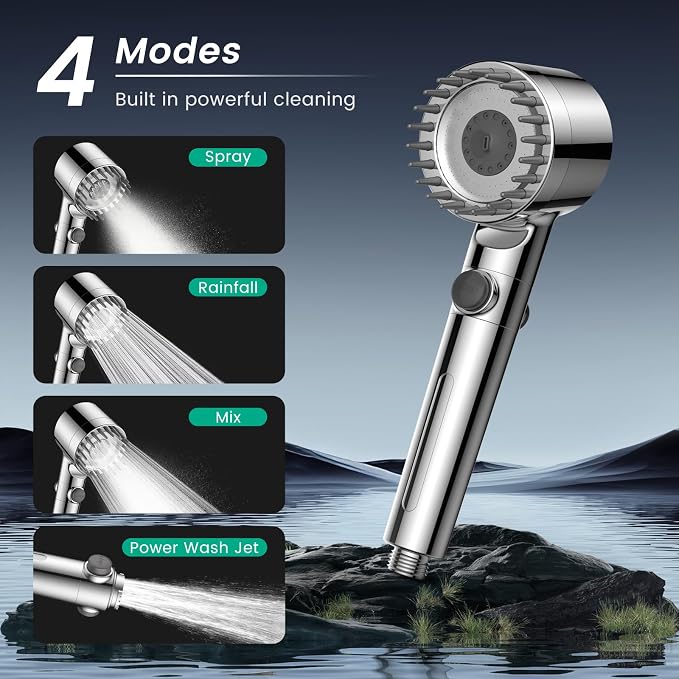 Filtered Shower Head with Handheld 2PCS Filters ShowerHead | 4 Spray, High Pressure Shower Heads with ON/OFF Button, Water Softener for Hard Water, 70" Hose, Remove Chlorine