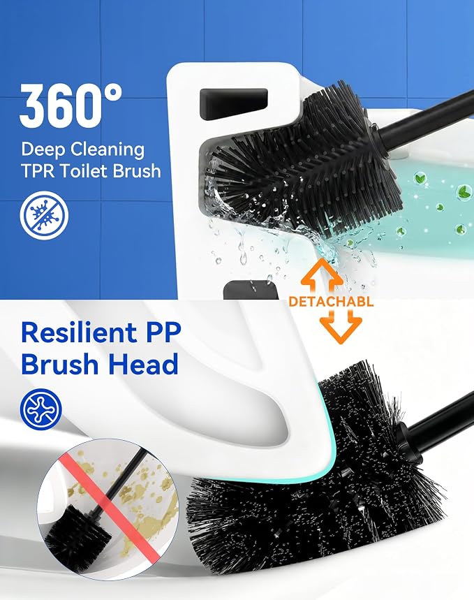 Dowry Toilet Bowl Brush and Holder Set for Bathroom | Deep Cleaning with Long Handle Hidden Toilet Bowl Scrubber with Replaceable Head Modern Decor Black Round