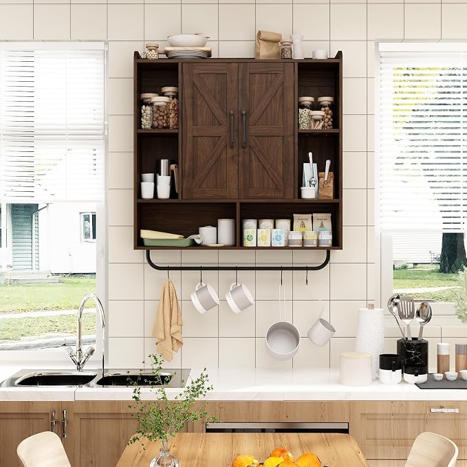 RUSTOWN Rustic Bathroom Wall Storage Cabinet with 2 Barn Doors, Dark Walnut | Farmhouse Medicine Cabinet, Wall Mounted, Space Saving, 3-Tier Adjustable Shelves, Towel Bar, 5 Hooks
