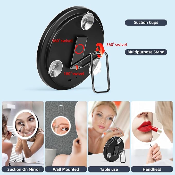 Travel Makeup Mirror with 40X Magnification, Magnifying Mirror with Suction Cups & Stand, 3 Color Dimmable LED Lights, 1200mAh Rechargeable for Detailed Eye Facial Makeup, Seniors with Low Vision