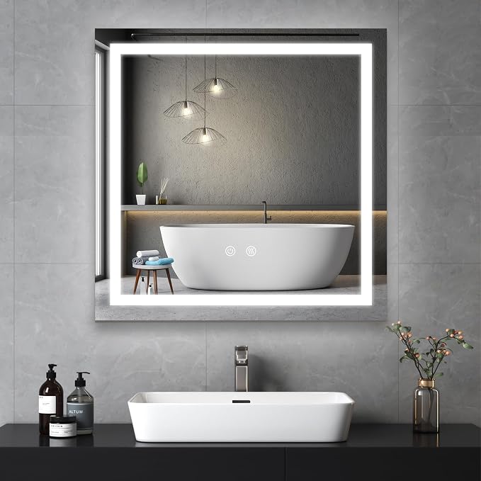 LED Lighted Bathroom Mirror Square Vanity Mirror with Light 28"x28" | Stepless Dimmable, 3 Colors (3000K-6000K), Anti-Fog, Wall Mounted, 1 Hour Auto Off, Memory Function, Reinforced Packaging