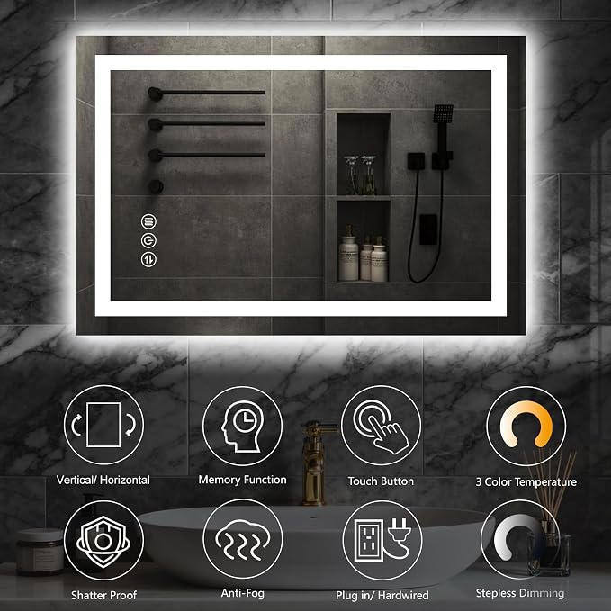 40"x 32" LED Bathroom Mirror with Lights, Smart Anti-Fog Wall Vanity Mirror | Stepless Dimmable, 3 Color, Backlit & Front Lit, Memory Function, Tempered Glass, Shatterproof, ETL Listed Lighted LED Mirror