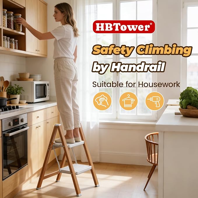 HBTower 2 Step Ladder, Lightweight Aluminum Folding Step Stool | Anti-Slip Wide Pedal, 330lbs Capacity Step Ladder for Household Kitchen Office, WhiteWoodgrain