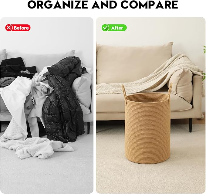 Laundry Basket Hamper Tall Rope Storage Woven for Blanket toys Dirty Clothes in Living Room Bathroom Bedroom (Jute Brown, 60L/15.8Gal)
