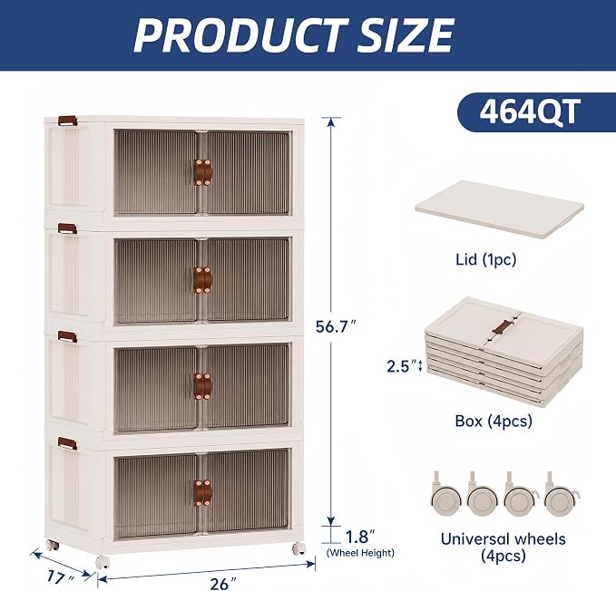 SAILUN 464Qt Stackable Storage Bins,Storage Cabinet a Lid,4Pack Blush White | Stackable Storage Drawers with Lids,26" W x 17" D x 56.7" H,Featuring open-front Access for Clothes and Closet Storage