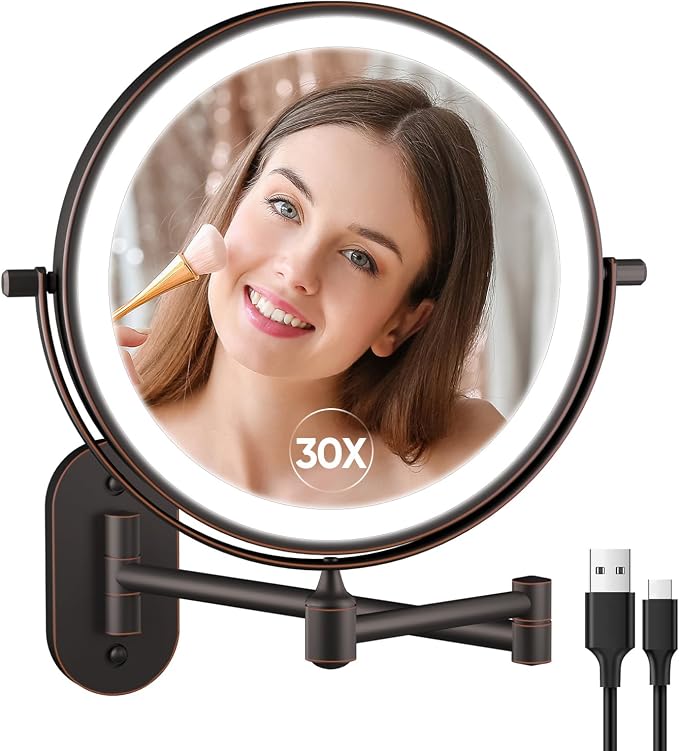 5000mAh Rechargeable Wall Mounted Lighted Makeup Mirror Double Sided 1X30X | Magnifying Bathroom Mirror, 3 Color Lighting, Touch Dimming, Extended Arm 360 Rotation Light up Mirror Antique Bronze